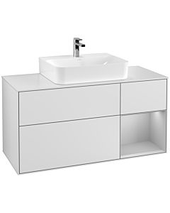 Villeroy und Boch Finion Waschtischunterschrank G171GJMT 120cm, Abdeckplatte white matt, Emotion, Regal rechts Light grey matt, White matt lacquer