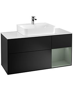 Villeroy und Boch Finion Waschtischunterschrank G171GMPD 120cm, Abdeckplatte white matt, Emotion, Regal rechts Olive Matt Lacquer, Black matt lacquer