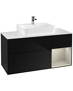 Villeroy und Boch Finion Waschtischunterschrank G171HHPH 120cm, Abdeckplatte white matt, Emotion, Regal rechts Sand Matt, Glossy Black Lacquer