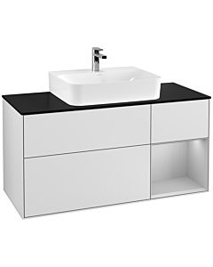 Villeroy und Boch Finion Waschtischunterschrank G172GJMT 120cm, Abdeckplatte black matt, Emotion, Regal rechts Light grey matt, White matt lacquer