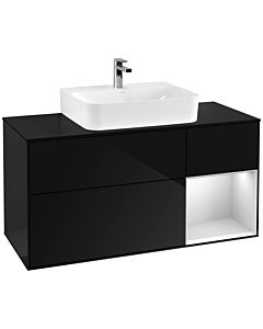 Villeroy und Boch Finion Waschtischunterschrank G172MTPH 120cm, Abdeckplatte black matt, Emotion, Regal rechts White matt lacquer, Glossy Black Lacquer