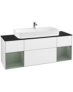 Villeroy und Boch Finion Waschtischunterschrank G212GMGF 160cm, Abdeckplatte black matt, Emotion, Regale Olive matt lacquer, Glossy white lacquer