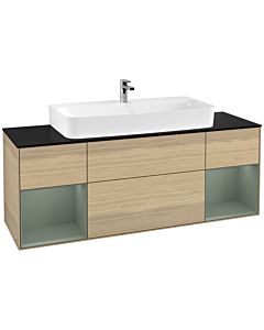 Villeroy und Boch Finion Waschtischunterschrank G212GMPC 160cm, Abdeckplatte black matt, Emotion, Regale Olive matt lacquer, Oak Veneer