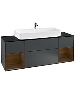 Villeroy und Boch Finion Waschtischunterschrank G212GNHG 160cm, Abdeckplatte black matt, Emotion, Regale Walnut veneer, Midnight Blue Matt Lacquer