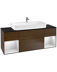 Villeroy und Boch Finion Waschtischunterschrank G212MTGN 160cm, Abdeckplatte black matt, Emotion, Regale White matt lacquer, Walnut veneer