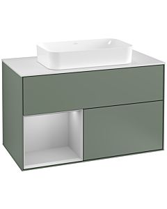 Villeroy und Boch Finion Waschtischunterschrank G241GJGM 100cm, Abdeckplatte white matt, Emotion, Regal links Light grey matt, Olive Matt Lacquer