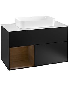 Villeroy und Boch Finion Waschtischunterschrank G241GNPD 100cm, Abdeckplatte white matt, Emotion, Regal links Walnut veneer, Black matt lacquer