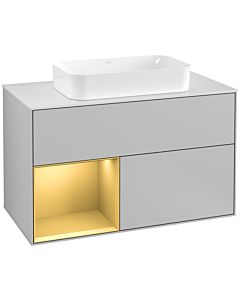 Villeroy und Boch Finion Villeroy und Boch G241HFGJ 100cm, plaque de recouvrement blanc mat, Emotion, étagère gauche or mat, gris clair mat