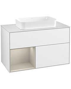 Villeroy und Boch Finion Waschtischunterschrank G241HHGF 100cm, Abdeckplatte white matt, Emotion, Regal links Sand Matt Lacquer, Glossy white lacquer