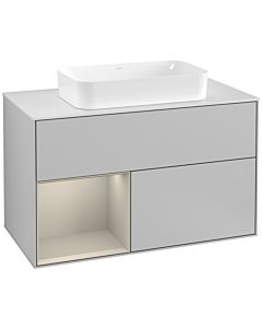 Villeroy und Boch Finion Waschtischunterschrank G241HHGJ 100cm, Abdeckplatte white matt, Emotion, Regal links Sand Matt Lacquer, Light grey matt