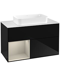Villeroy und Boch Finion Waschtischunterschrank G241HHPH 100cm, Abdeckplatte white matt, Emotion, Regal links Sand Matt Lacquer, Glossy Black Lacquer