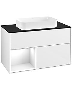 Villeroy und Boch Finion Waschtischunterschrank G242GFGF 100cm, Abdeckplatte black matt, Emotion, Regal links Glossy white lacquer, Glossy white lacquer