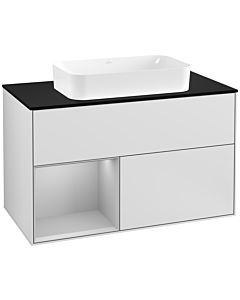 Villeroy und Boch Finion Waschtischunterschrank G242GJMT 100cm, Abdeckplatte black matt, Emotion, Regal links Light grey matt, White matt lacquer