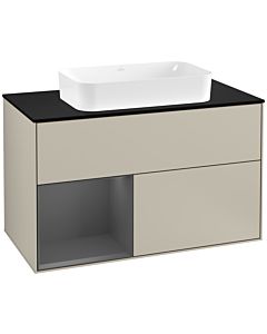 Villeroy und Boch Finion Waschtischunterschrank G242GKHH 100cm, Abdeckplatte black matt, Emotion, Regal links Anthracite matt, Sand Matt Lacquer