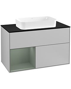 Villeroy und Boch Finion Waschtischunterschrank G242GMGJ 100cm, Abdeckplatte black matt, Emotion, Regal links Olive Matt Lacquer, Light grey matt