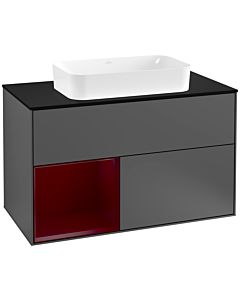 Villeroy und Boch Finion Waschtischunterschrank G242HBGK 100cm, Abdeckplatte black matt, Emotion, Regal links Peony, Anthracite matt