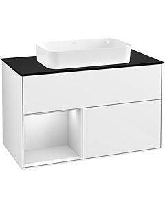 Villeroy und Boch Finion Waschtischunterschrank G242MTGF 100cm, Abdeckplatte black matt, Emotion, Regal links White matt lacquer, Glossy white lacquer