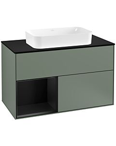 Villeroy und Boch Finion Waschtischunterschrank G242PDGM 100cm, Abdeckplatte black matt, Emotion, Regal links Black matt lacquer, Olive Matt Lacquer