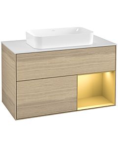 Villeroy und Boch Finion Waschtischunterschrank G251HFPC 100cm, Abdeckplatte white matt, Emotion, Regal rechts Gold matt, Oak Veneer
