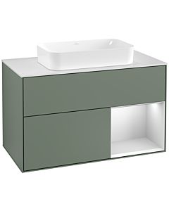 Villeroy und Boch Finion Waschtischunterschrank G251MTGM 100cm, Abdeckplatte white matt, Emotion, Regal rechts White matt lacquer, Olive Matt Lacquer