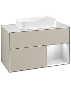 Villeroy und Boch Finion Waschtischunterschrank G251MTHH 100cm, Abdeckplatte white matt, Emotion, Regal rechts White matt lacquer, Sand Matt Lacquer