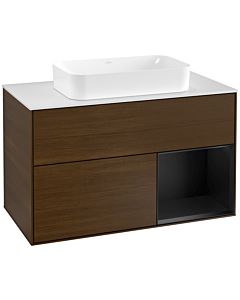 Villeroy und Boch Finion Waschtischunterschrank G251PDGN 100cm, Abdeckplatte white matt, Emotion, Regal rechts Black matt lacquer, Walnut veneer