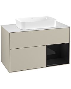 Villeroy und Boch Finion Waschtischunterschrank G251PHHH 100cm, Abdeckplatte white matt, Emotion, Regal rechts Glossy Black Lacquer, Sand Matt Lacquer