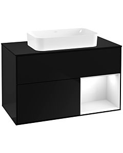 Villeroy und Boch Finion Waschtischunterschrank G252GFPH 100cm, Abdeckplatte black matt, Emotion, Regal rechts Glossy white lacquer, Glossy Black Lacquer
