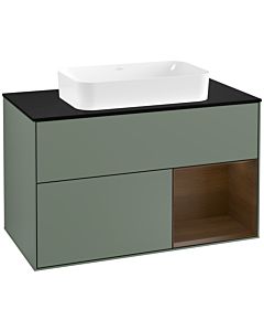 Villeroy und Boch Finion Waschtischunterschrank G252GNGM 100cm, Abdeckplatte black matt, Emotion, Regal rechts Walnut veneer, Olive Matt Lacquer
