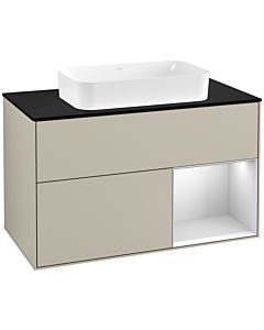 Villeroy und Boch Finion Waschtischunterschrank G252MTHH 100cm, Abdeckplatte black matt, Emotion, Regal rechts White matt lacquer, Sand Matt Lacquer