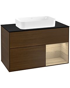 Villeroy und Boch Finion Waschtischunterschrank G252PCGN 100cm, Abdeckplatte black matt, Emotion, Regal rechts Oak Veneer, Walnut veneer