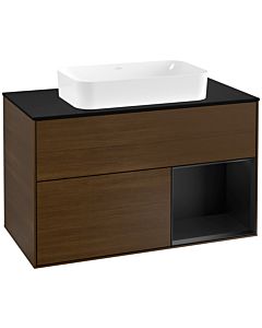 Villeroy und Boch Finion Waschtischunterschrank G252PDGN 100cm, Abdeckplatte black matt, Emotion, Regal rechts Black matt lacquer, Walnut veneer