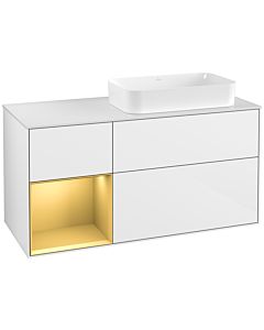 Villeroy und Boch Finion Villeroy und Boch G271HFGF 120cm, plaque de finition blanc mat, Emotion, étagère gauche or mat, laqué blanc brillant