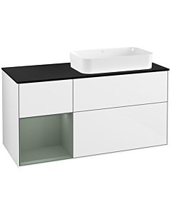 Villeroy und Boch Finion Waschtischunterschrank G272GMGF 120cm, Abdeckplatte black matt, Emotion, Regal links Olive Matt Lacquer, Glossy white lacquer