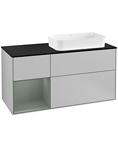 Villeroy und Boch Finion Waschtischunterschrank G272GMGJ 120cm, Abdeckplatte black matt, Emotion, Regal links Olive Matt Lacquer, Light grey matt