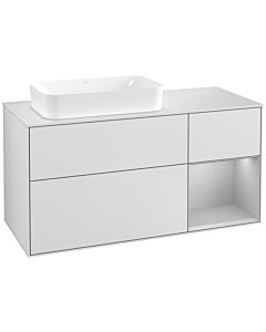 Villeroy und Boch Finion Villeroy und Boch G281GJMT 120cm, plaque de recouvrement blanc mat, Emotion, étagère à droite gris clair mat, laqué blanc mat