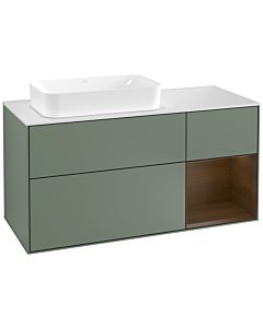 Villeroy und Boch Finion Waschtischunterschrank G281GNGM 120cm, Abdeckplatte white matt, Emotion, Regal rechts Walnut veneer, Olive Matt Lacquer