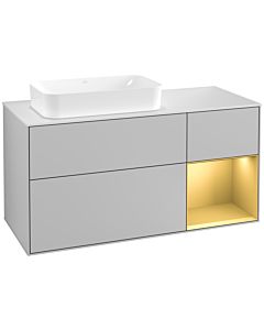 Villeroy und Boch Finion Villeroy und Boch G281HFGJ 120cm, plaque de recouvrement blanc mat, Emotion, étagère droite or mat, gris clair mat