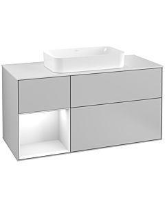 Villeroy und Boch Finion Villeroy und Boch G291GFGJ 120cm, plaque de finition blanc mat, Emotion, étagère gauche laqué blanc brillant, gris clair mat