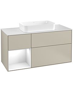 Villeroy und Boch Finion Villeroy und Boch G291GFHH 120cm, plaque de finition blanc mat, émotion, étagère à gauche laqué blanc brillant, Sand Matt Lacquer