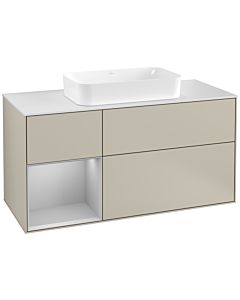 Villeroy und Boch Finion Waschtischunterschrank G291GJHH 120cm, Abdeckplatte white matt, Emotion, Regal links Light grey matt, Sand Matt Lacquer