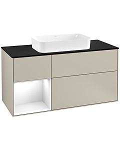 Villeroy und Boch Finion Waschtischunterschrank G292GFHH 120cm, Abdeckplatte black matt, Emotion, Regal links Glossy white lacquer, Sand Matt Lacquer