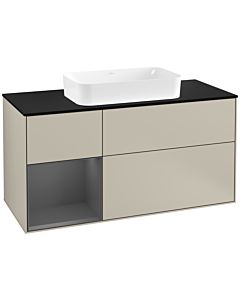 Villeroy und Boch Finion Waschtischunterschrank G292GKHH 120cm, Abdeckplatte black matt, Emotion, Regal links Anthracite matt, Sand Matt Lacquer