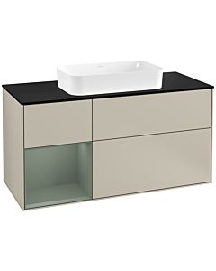 Villeroy und Boch Finion Waschtischunterschrank G292GMHH 120cm, Abdeckplatte black matt, Emotion, Regal links Olive Matt Lacquer, Sand Matt Lacquer