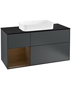 Villeroy und Boch Finion Waschtischunterschrank G292GNHG 120cm, Abdeckplatte black matt, Emotion, Regal links Walnut veneer, Midnight Blue Matt Lacquer