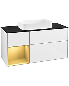 Villeroy und Boch Finion Waschtischunterschrank G292HFGF 120cm, Abdeckplatte black matt, Emotion, Regal links Gold matt, Glossy white lacquer