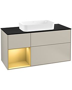 Villeroy und Boch Finion Waschtischunterschrank G292HFHH 120cm, Abdeckplatte black matt, Emotion, Regal links Gold matt, Sand Matt Lacquer