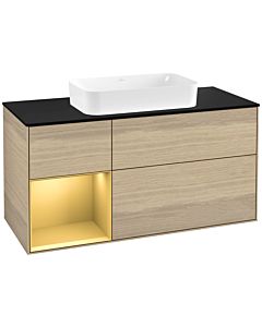 Villeroy und Boch Finion Waschtischunterschrank G292HFPC 120cm, Abdeckplatte black matt, Emotion, Regal links Gold matt, Oak Veneer