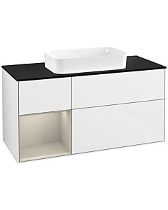 Villeroy und Boch Finion Waschtischunterschrank G292HHGF 120cm, Abdeckplatte black matt, Emotion, Regal links Sand Matt Lacquer, Glossy white lacquer