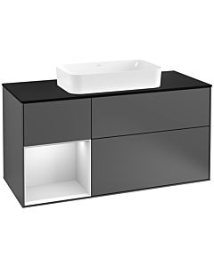 Villeroy und Boch Finion Waschtischunterschrank G292MTGK 120cm, Abdeckplatte black matt, Emotion, Regal links White matt lacquer, Anthracite matt